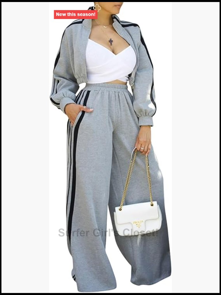 Striped Zip Up Crop Sweatshirt And Wide Leg Sweatpants Set